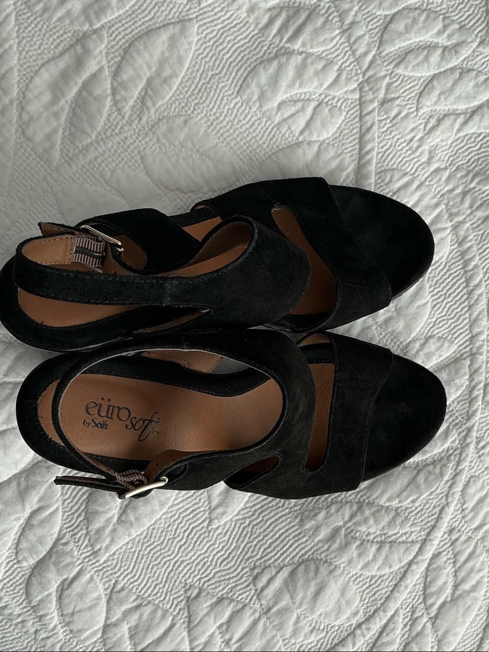 EuroSoft Black Suede Open-Toe Ankle Strap Heels